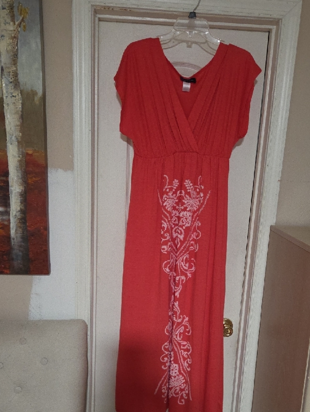 Women's Coral V-Neck Maxi Dress with White Print - Soft Jersey - Picture 7 of 11